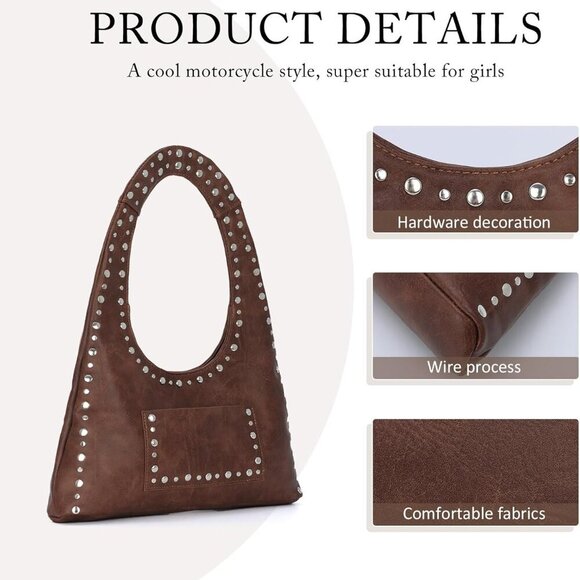 Y2K Studded Hobo Bag Womens PU Leather Tote Daily Use Vintage Chic - Picture 3 of 6